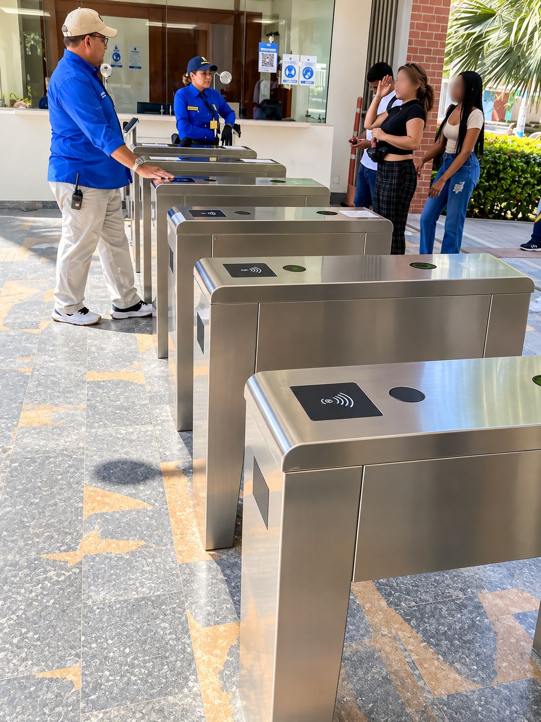 Stainless steel turnstiles with proximity readers at a building entrance, next to security staff