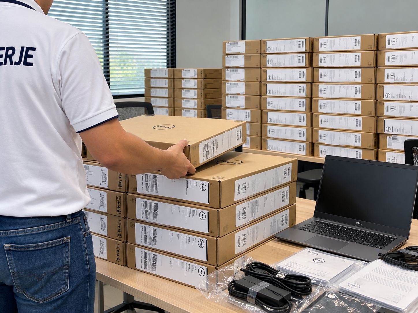 Technician stacking Dell laptop boxes next to a laptop being set up and its chargers