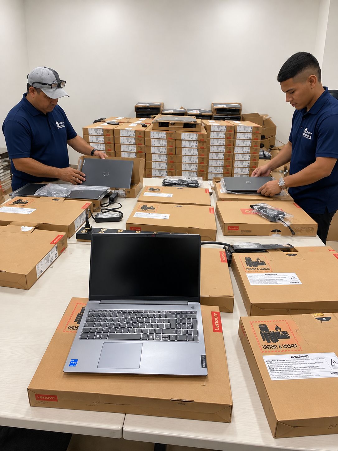 Two A.T. Solutions technicians unboxing and checking Lenovo laptops in front of a batch of boxes