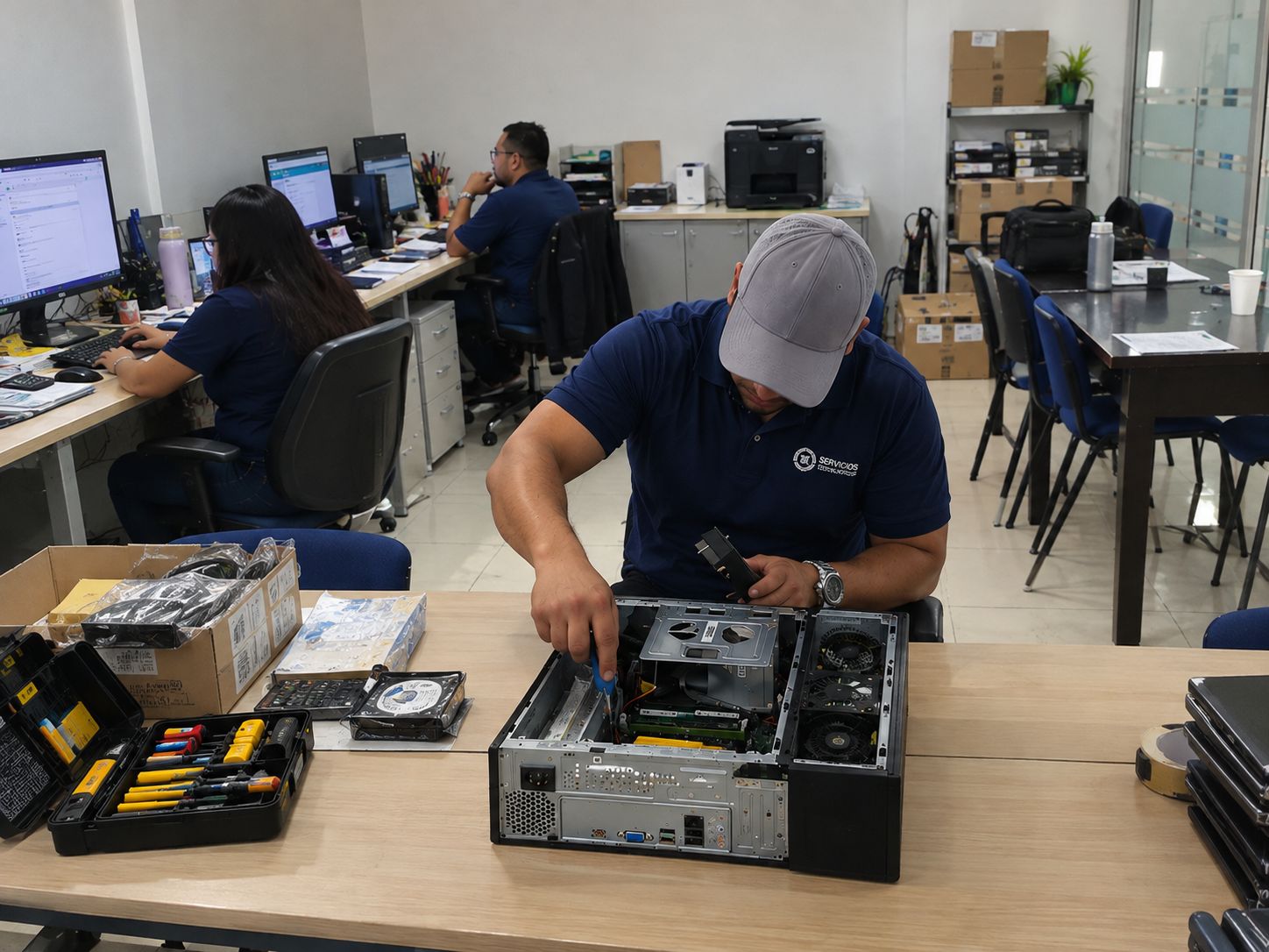 Technician replacing parts in an open desktop computer, with his toolbox beside him