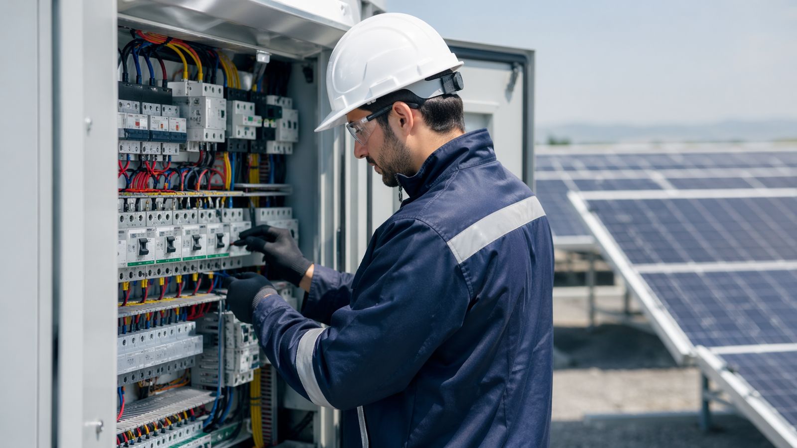 Engineer checking an electrical panel next to solar panels