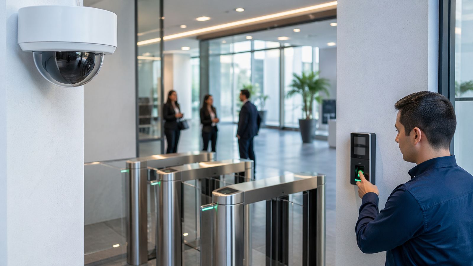 Dome camera, turnstiles and biometric access reader in a building lobby